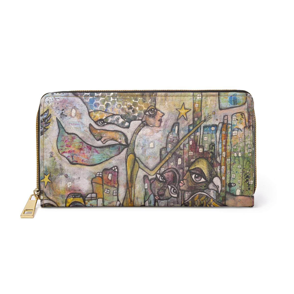 Original Art on Zipper Wallet Intuitive Mixed Media Artwork &quot;City Creatures&quot;
