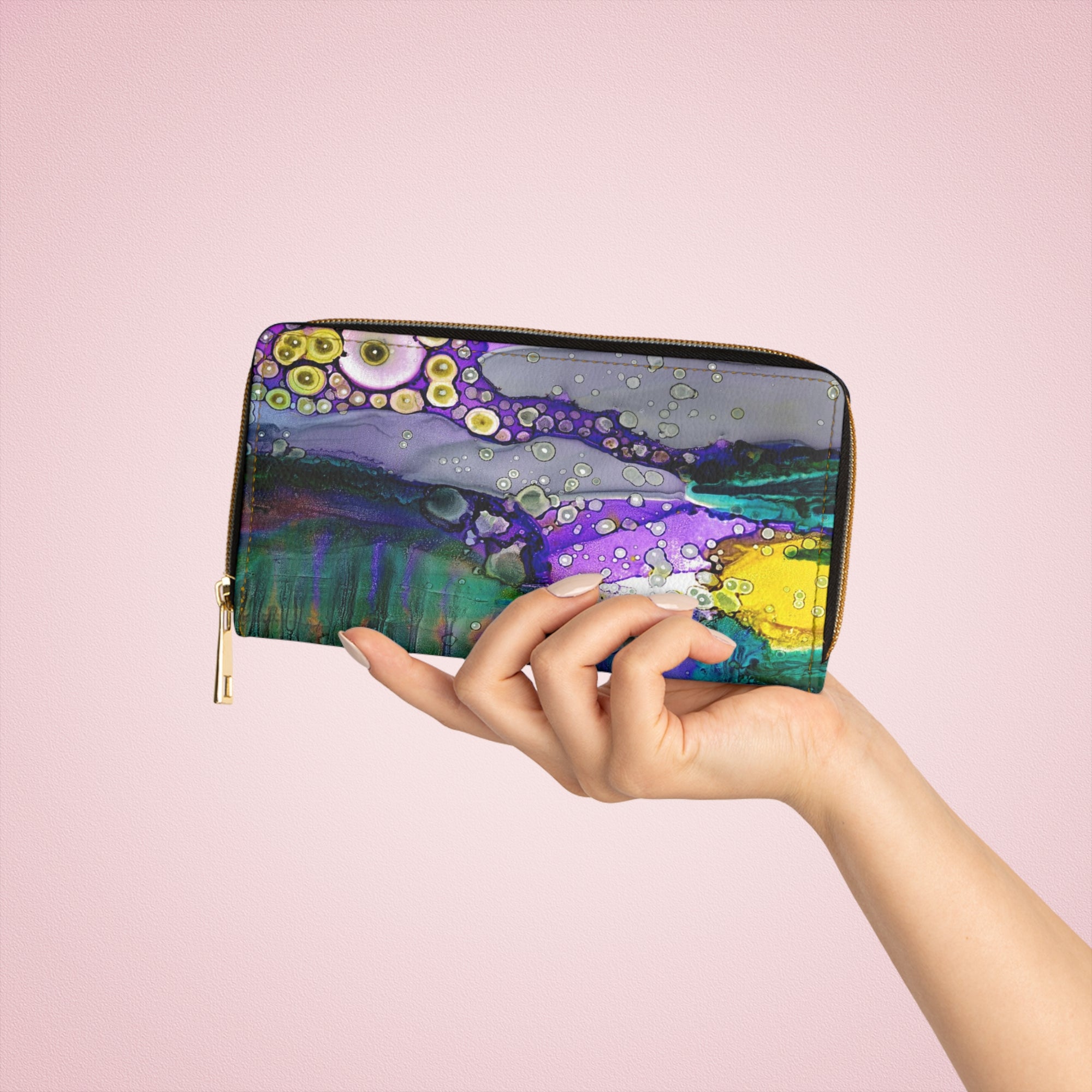 Colorful Original Abstract Organic Art on Zipper Wallet "Purple Mountain"