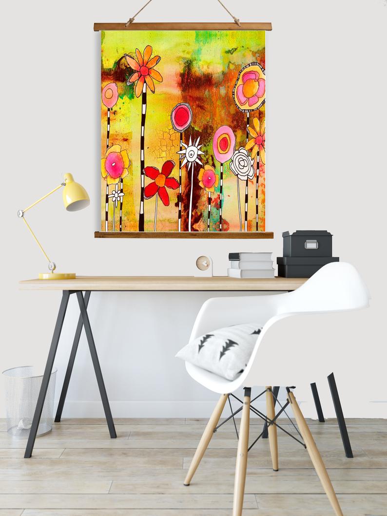 Whimsical Wood Slat Tapestry &quot;Garden Party&quot;