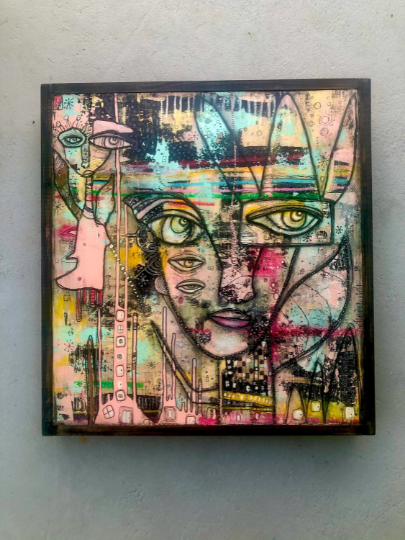 Original Mixed Media Fine Art on Wood &#39;I Can Hear You&#39;