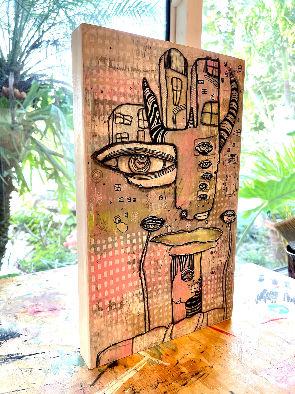 Original Mixed Media Fine Art on Wood &#39;On my Shoulder&#39;