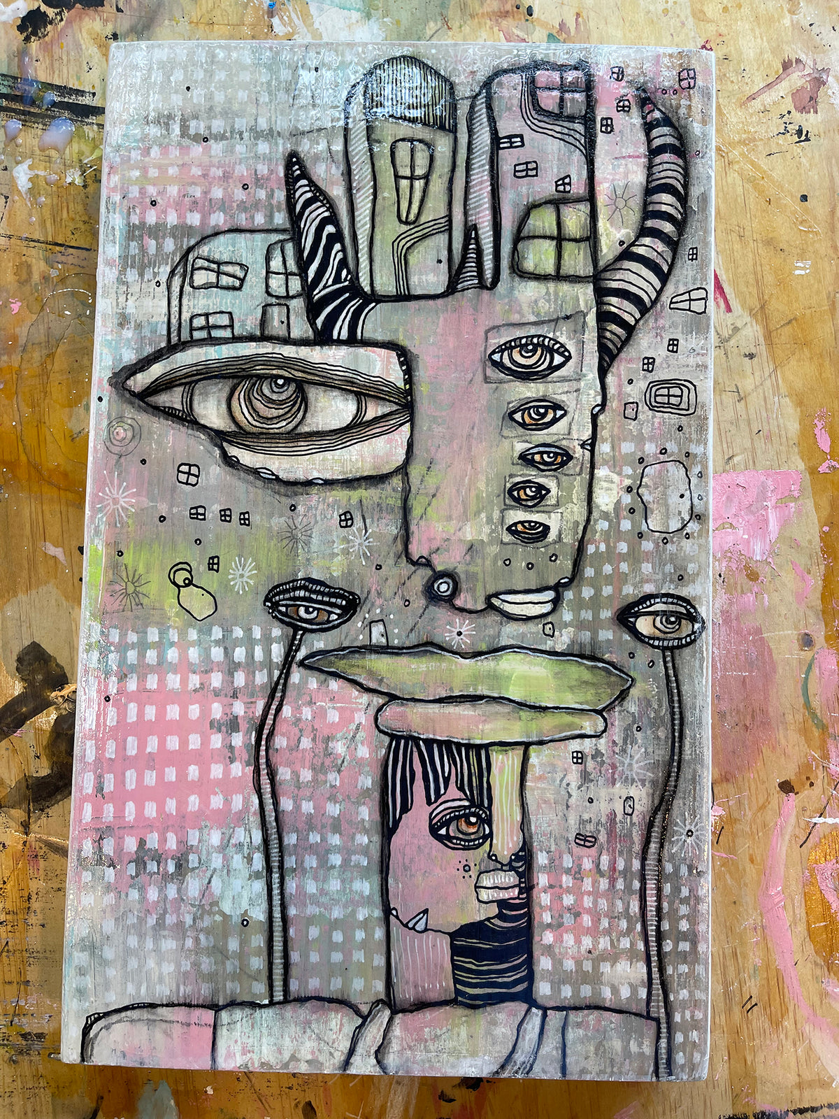 Original Mixed Media Fine Art on Wood &#39;On my Shoulder&#39;