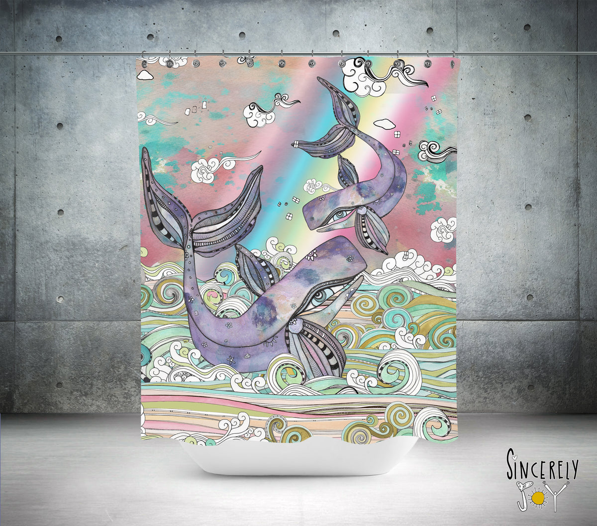 Whimsical Whale Art Shower Curtain &#39;Plum Purple Whales&#39;