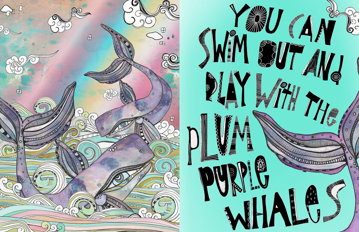Whimsical Wood Slat Tapestry &quot;Plum Purple Whales&quot;