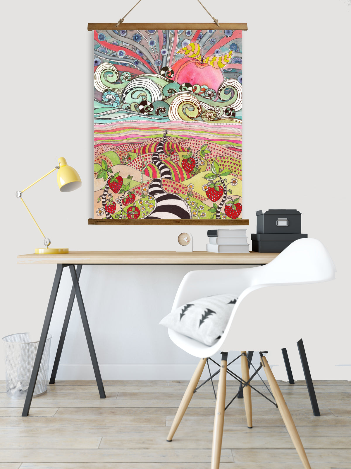 Whimsical Wood Slat Tapestry &quot;Pink Sun Rising&quot;