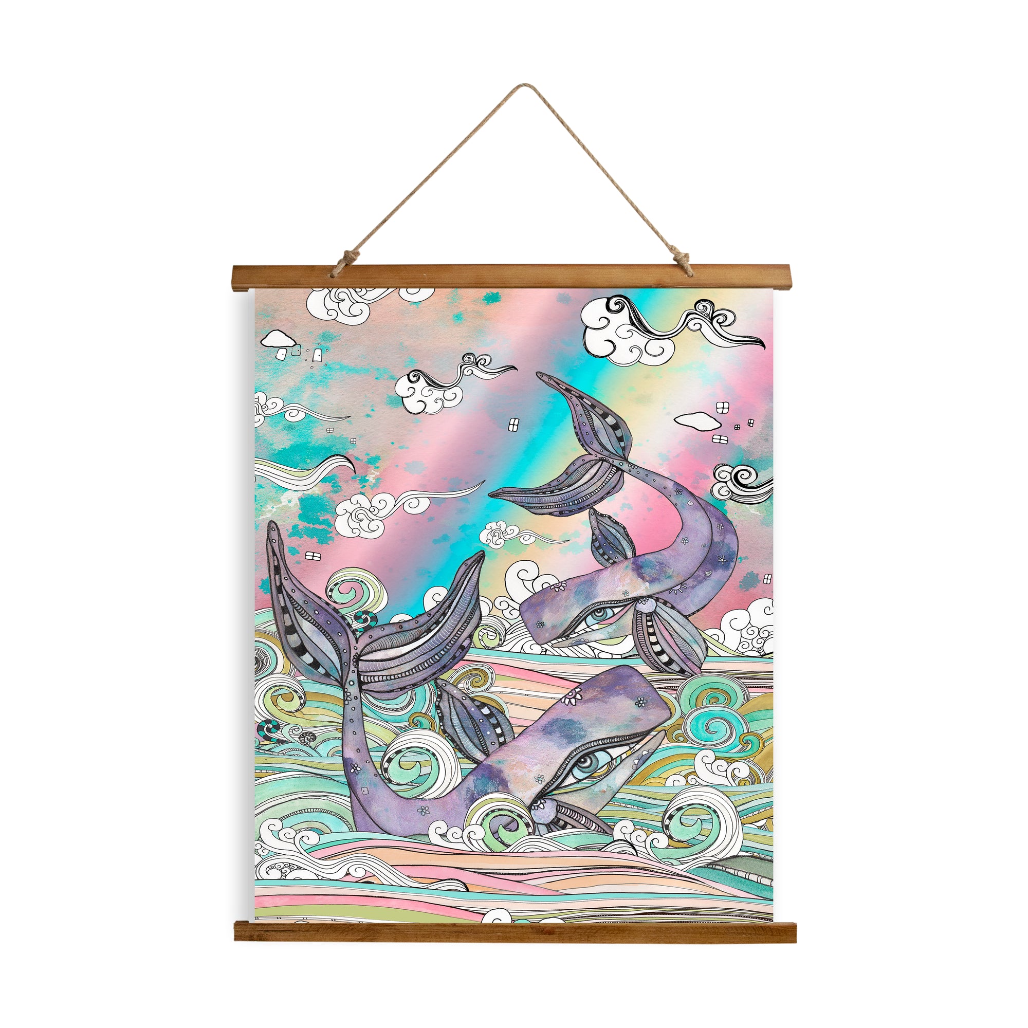 Whimsical Wood Slat Tapestry "Plum Purple Whales"