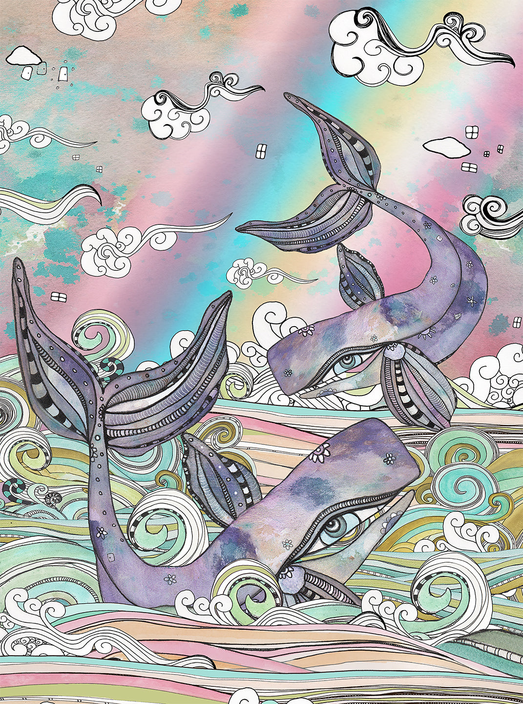 Whimsical Wood Slat Tapestry &quot;Plum Purple Whales&quot;