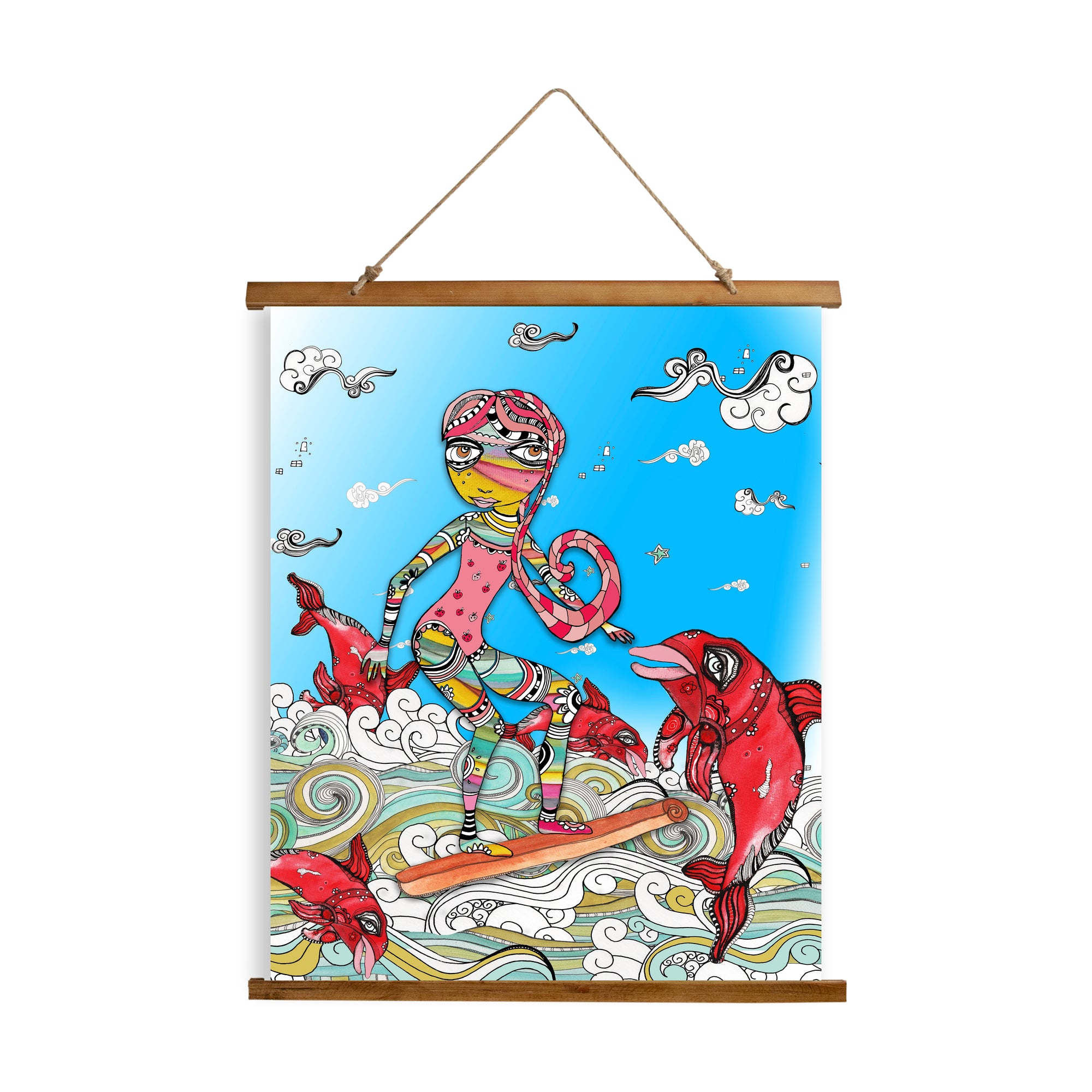 Whimsical Wood Slat Tapestry "Surf on a Cinnamon Stick"