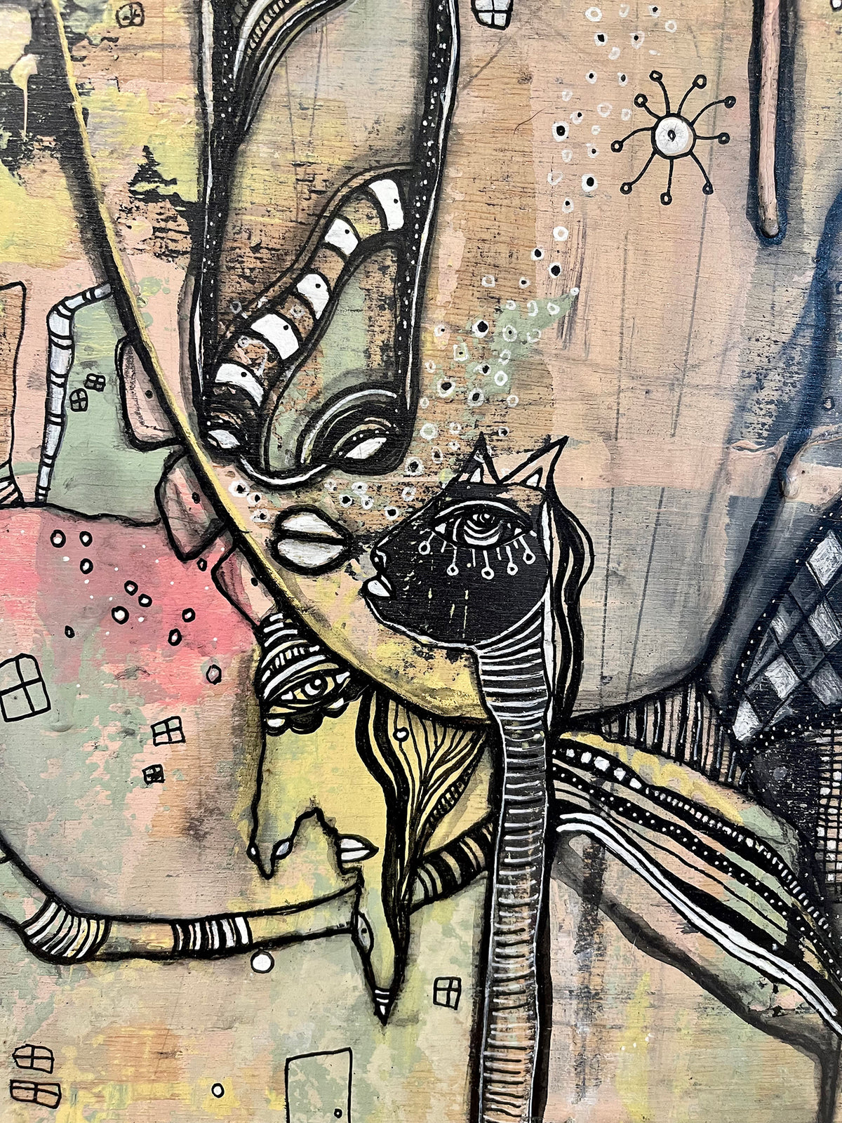 Original Mixed Media Fine Art on Wood &#39;Watching over&#39;