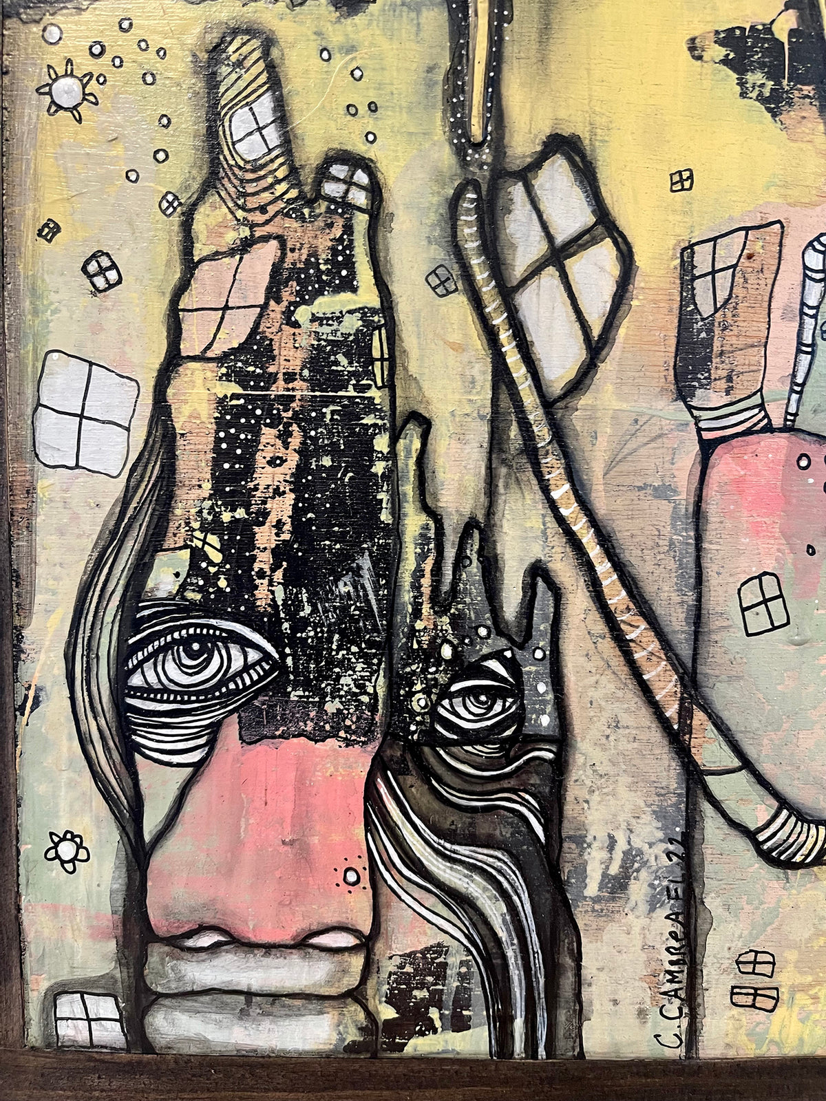 Original Mixed Media Fine Art on Wood &#39;Watching over&#39;