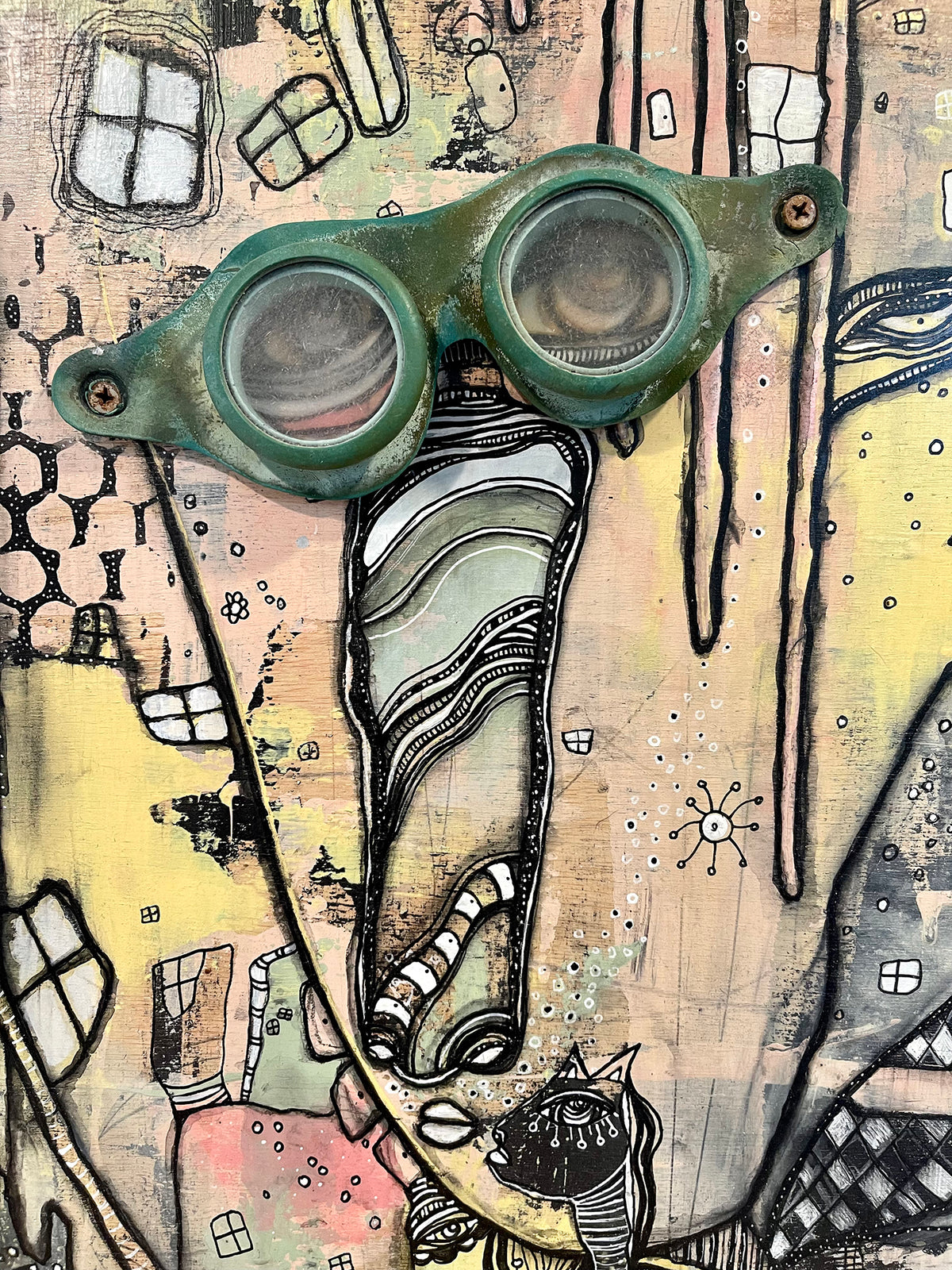 Original Mixed Media Fine Art on Wood &#39;Watching over&#39;