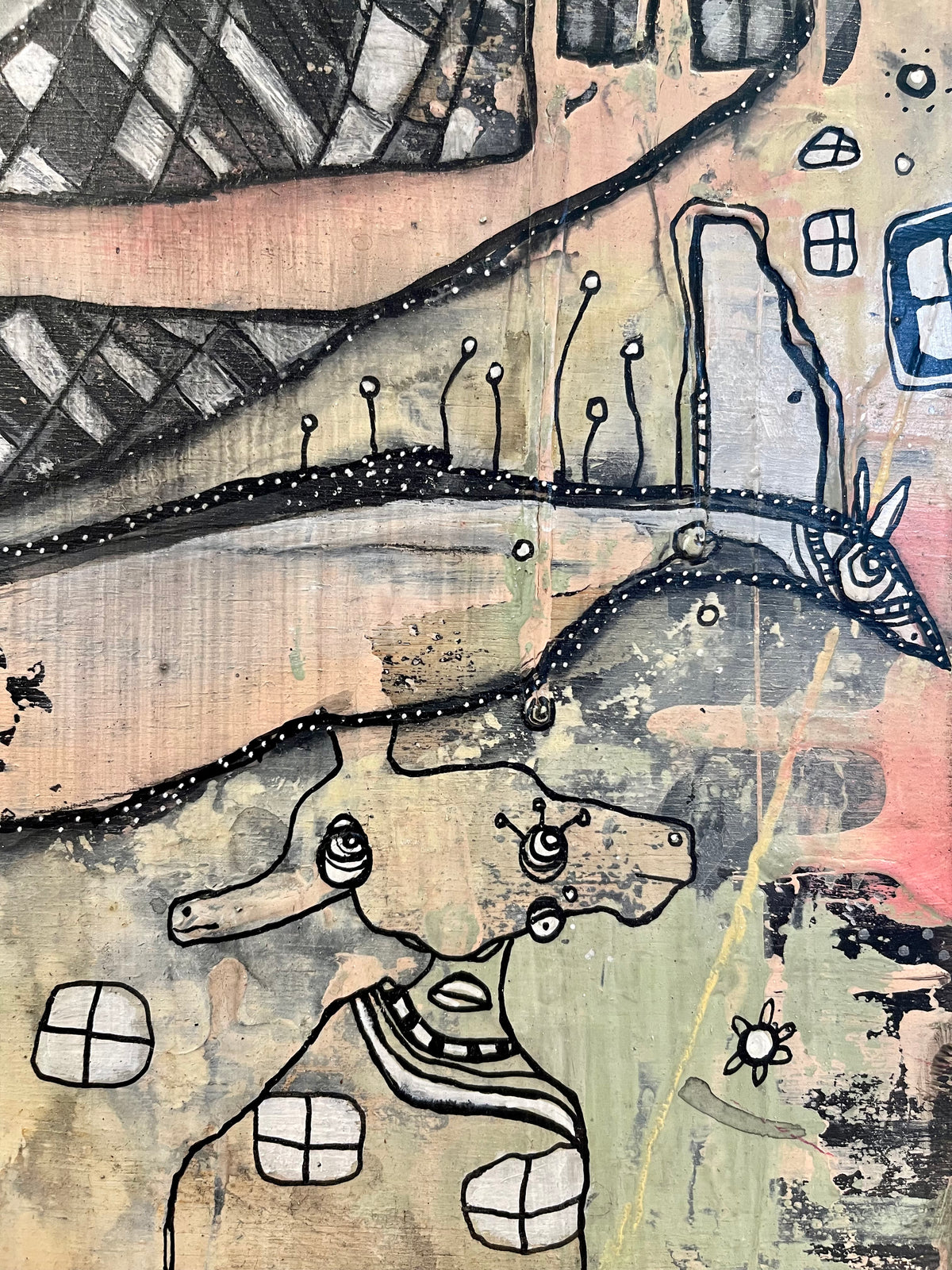 Original Mixed Media Fine Art on Wood &#39;Watching over&#39;