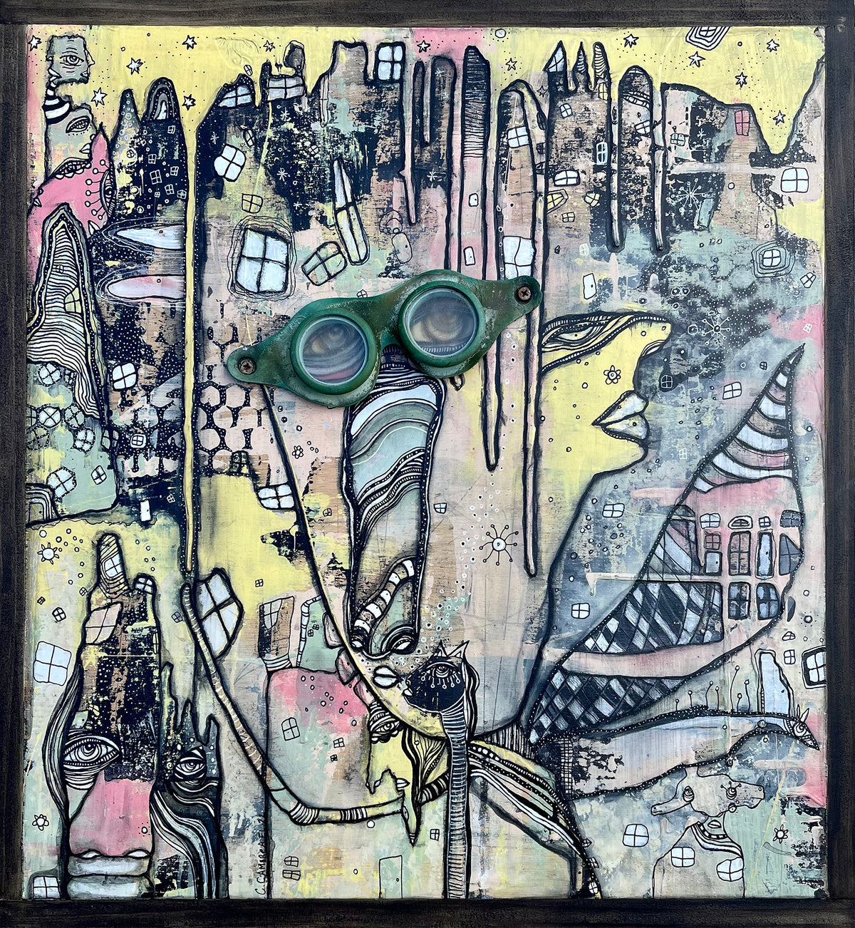 Original Mixed Media Fine Art on Wood &#39;Watching over&#39;