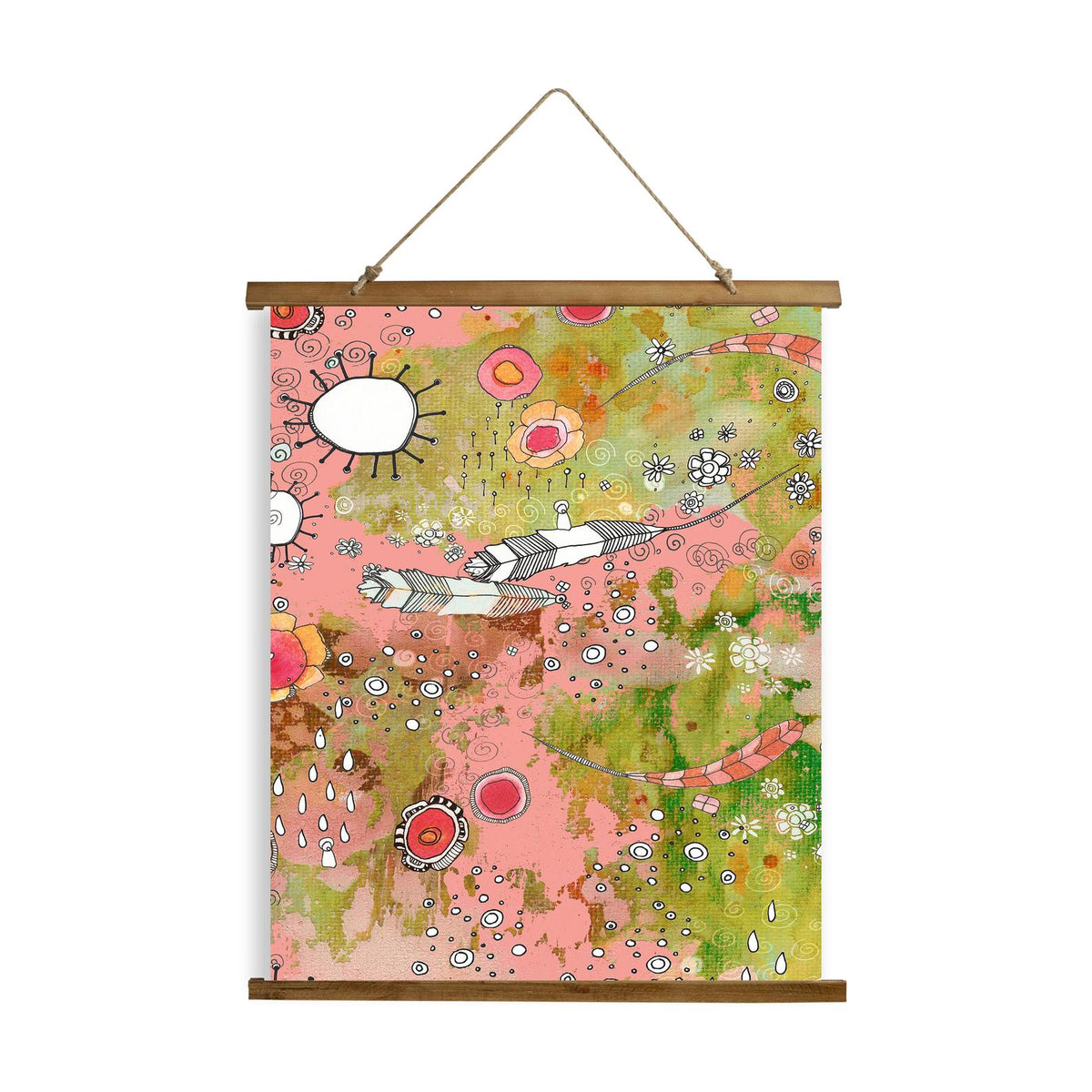 Whimsical Wood Slat Tapestry &quot;Pink Feathers, Flowers, Showers&quot;
