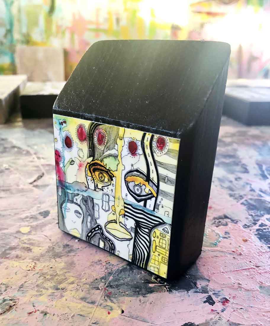 Handmade Wood Block Artist Print 'Half Full'
