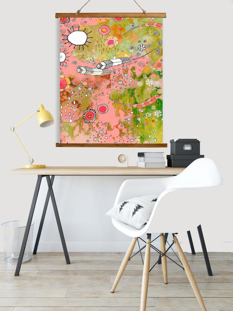 Whimsical Wood Slat Tapestry &quot;Pink Feathers, Flowers, Showers&quot;